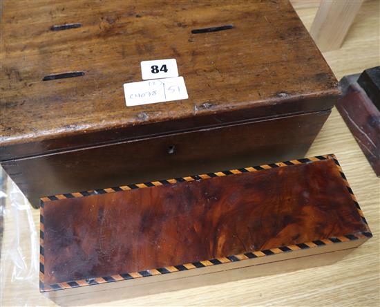 A Victorian mahogany money box and an inlaid box and cover money box 29cm